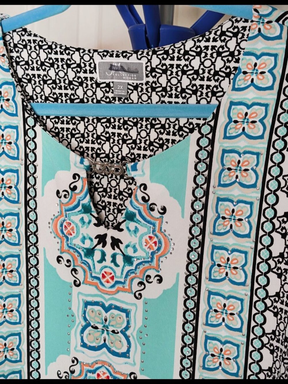Wow JM COLLECTION 2X Teal & White Lattice Print BATWING Stretch Long Blouse - Picture 3 of 4